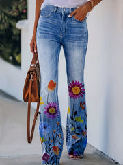  Women's Floral & Denim Print Flared Leg Trousers