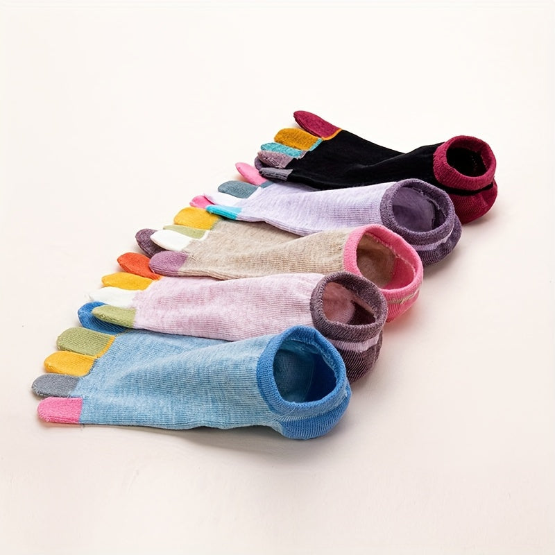 5 Pairs Colorblock Five Finger Socks Soft & Lightweight Low Cut Ankle Socks