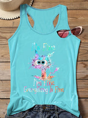 Plus Ombre Cat & Slogan Print Round Neck Vest