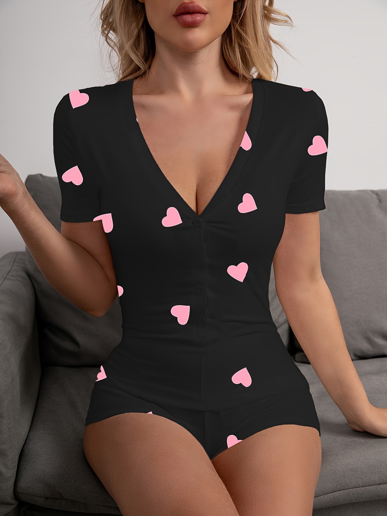 Heart Print Pajama Romper Short Sleeve V Neck Pajamas Women's Lingerie