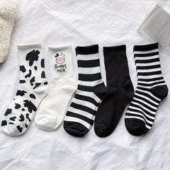 5 Pairs Cartoon Cow Print Socks Women's Stockings