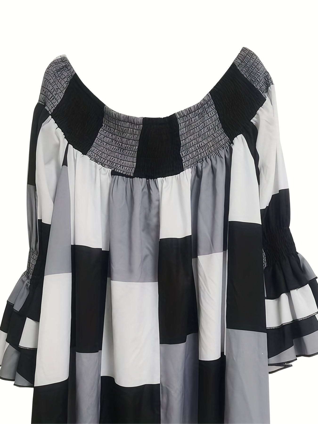  Colorblock Grid Print Off Shoulder Dress