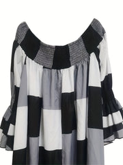 Colorblock Grid Print Off Shoulder Dress