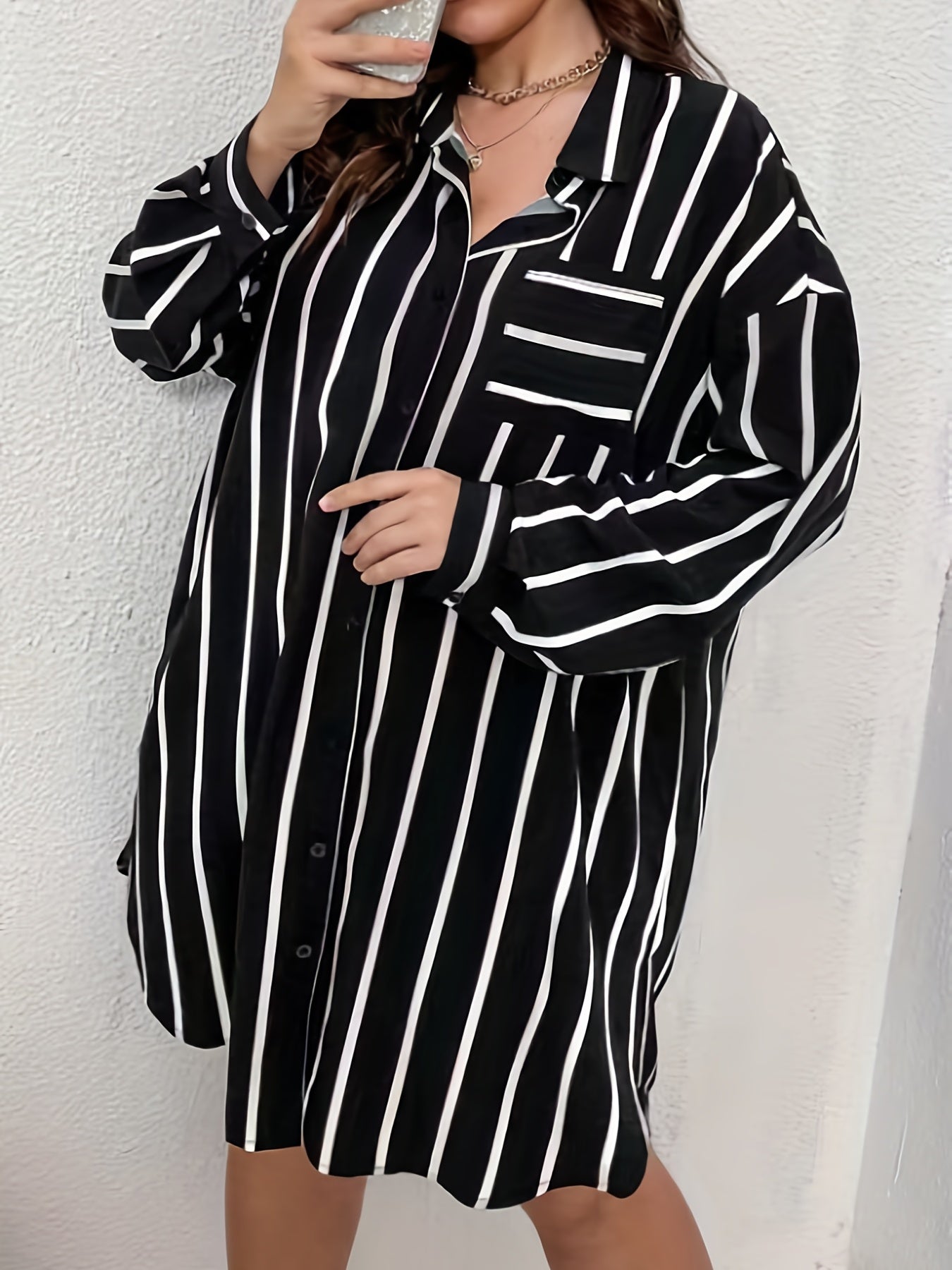  Stripe Print Button Up Long Sleeve Shirt Dress