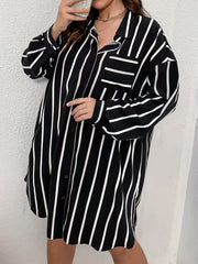  Stripe Print Button Up Long Sleeve Shirt Dress