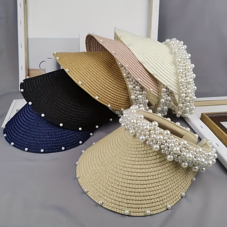 Straw Ponytail Sun Hat with Faux Pearl Decor