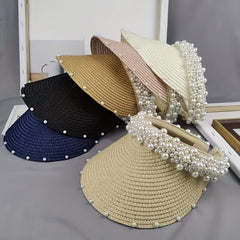 Straw Ponytail Sun Hat with Faux Pearl Decor