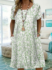  Floral Print Short Sleeve Smock Dress With Pockets