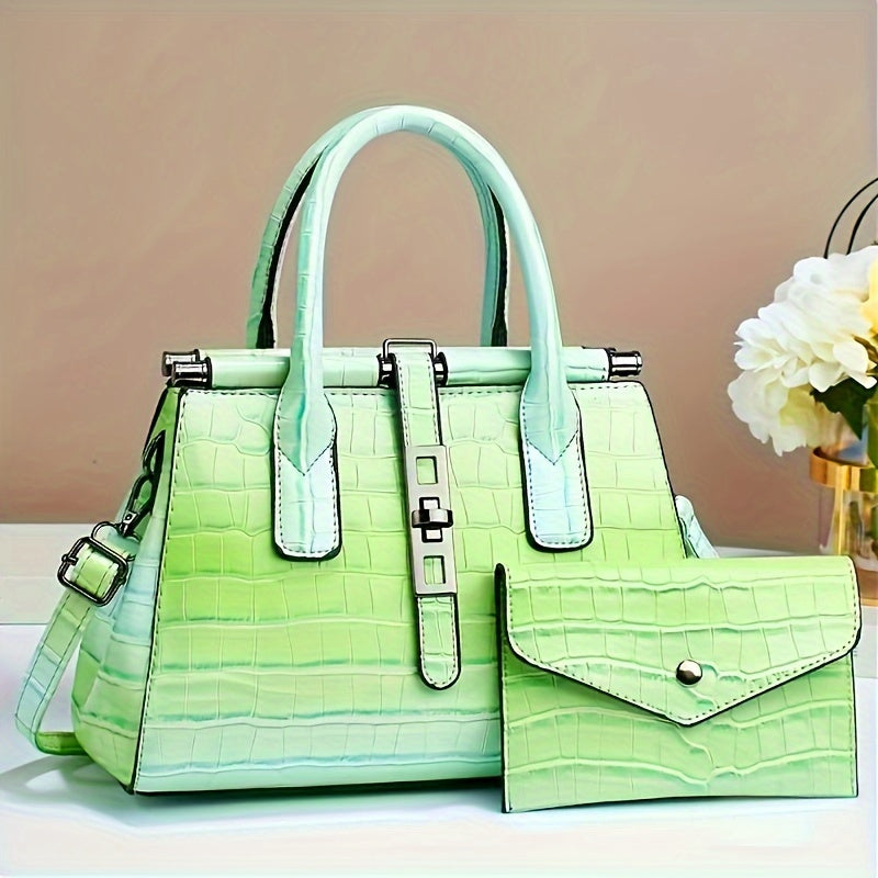 Crocodile Print Satchel Top Handle Tote Bag & Clutch Purse Set