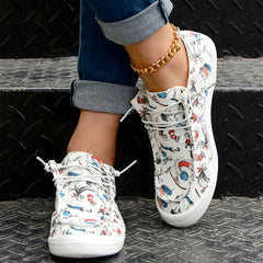 Women's Cartoon Print Canvas Loafers Lace Up Slip On Casual Low Top Shoes