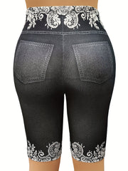  Denim & Butterfly Print Stretchy Skinny Shorts