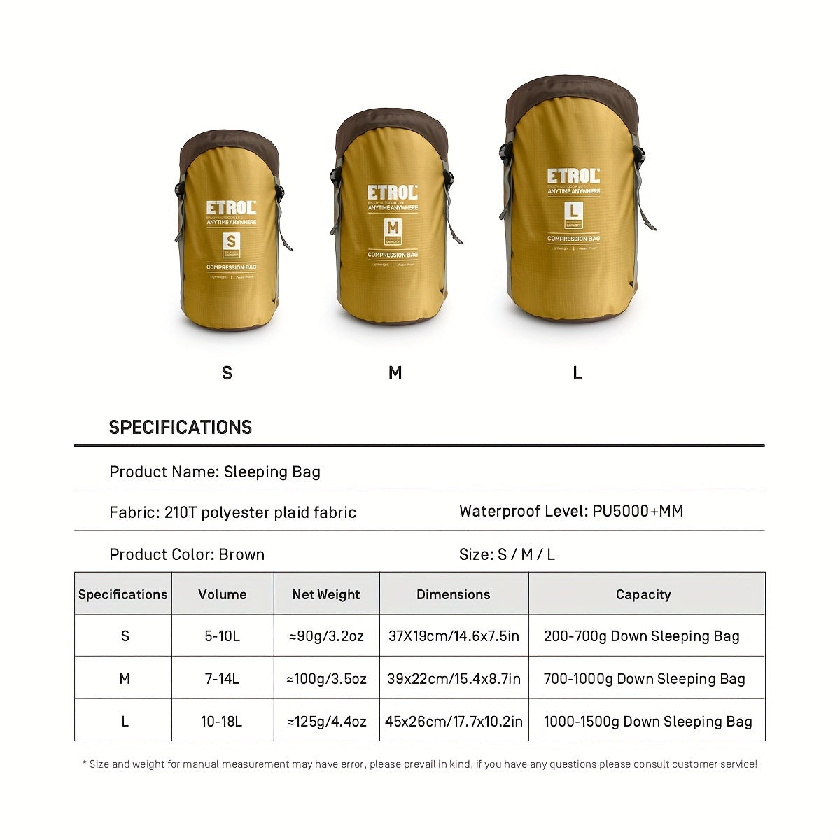 ETROL Camping Sleeping Bag Storage Bag Waterproof Compression Bag