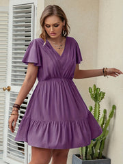  Solid V Neck Mini Smock Dress
