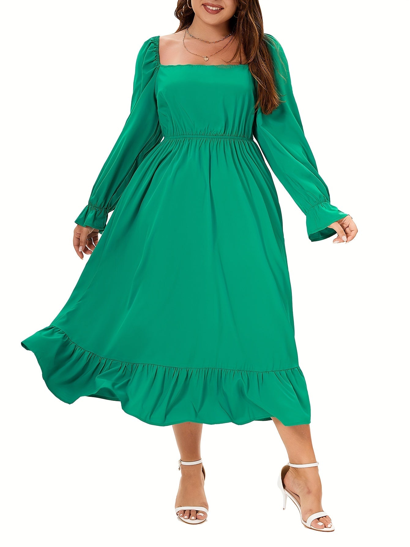  Solid Flounce Sleeve Square Neck Smock Dress