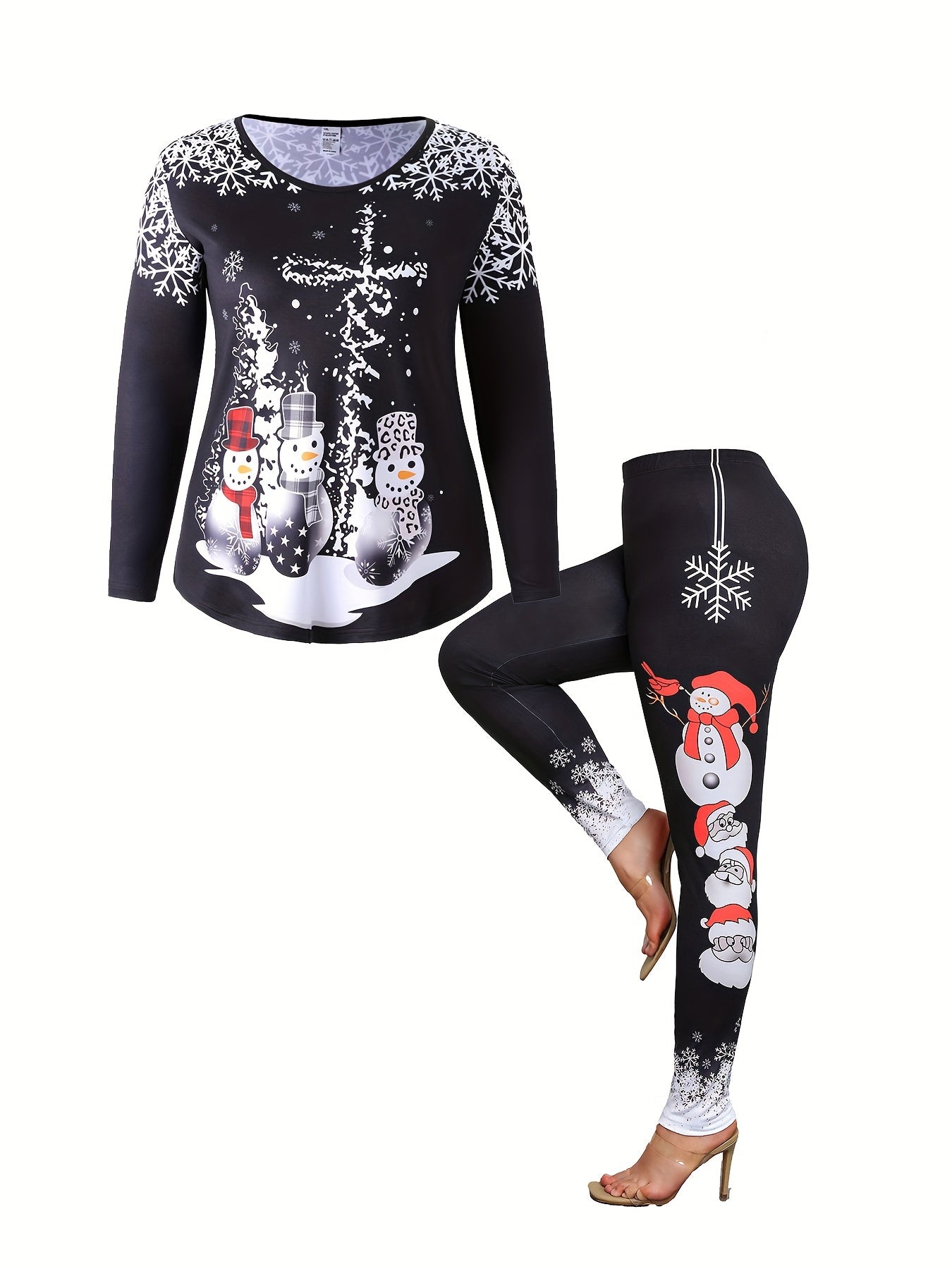  Christmas Outfits Set Women's Plus Santa Claus & Snowman Print Top