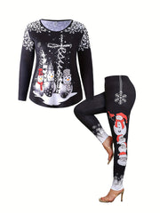  Christmas Outfits Set Women's Plus Santa Claus & Snowman Print Top