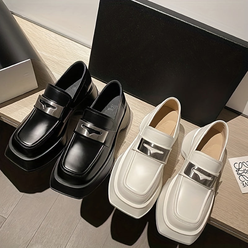 Women's Metal Platform Loafers Square Toe Slip On Shoes