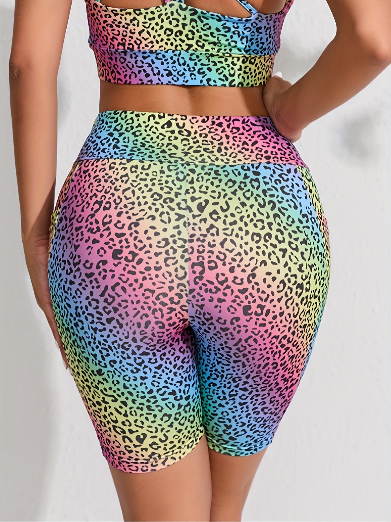Rainbow Leopard Print Yoga Shorts High Waist Side Pockets Sports Shorts