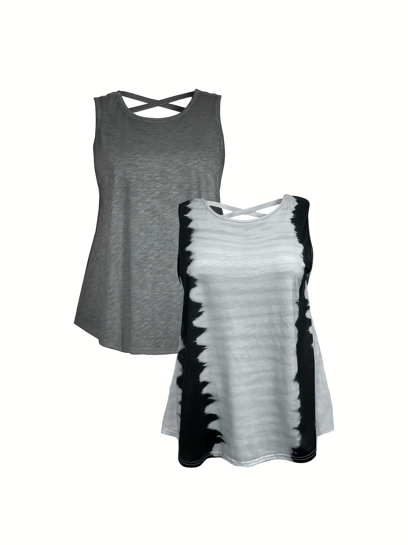 2 Pack Plus Size Casual Tie Dye Tank Top Women's Plus Criss Cross Back Tank Set