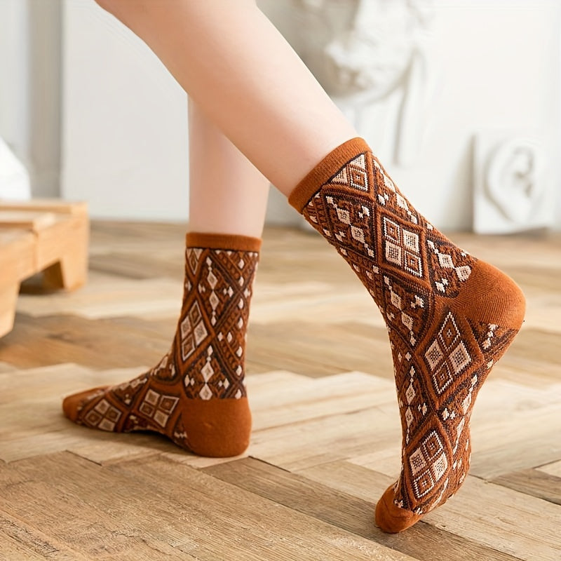 Geometric Pattern Mid Tube Socks Retro Style Women's Stockings