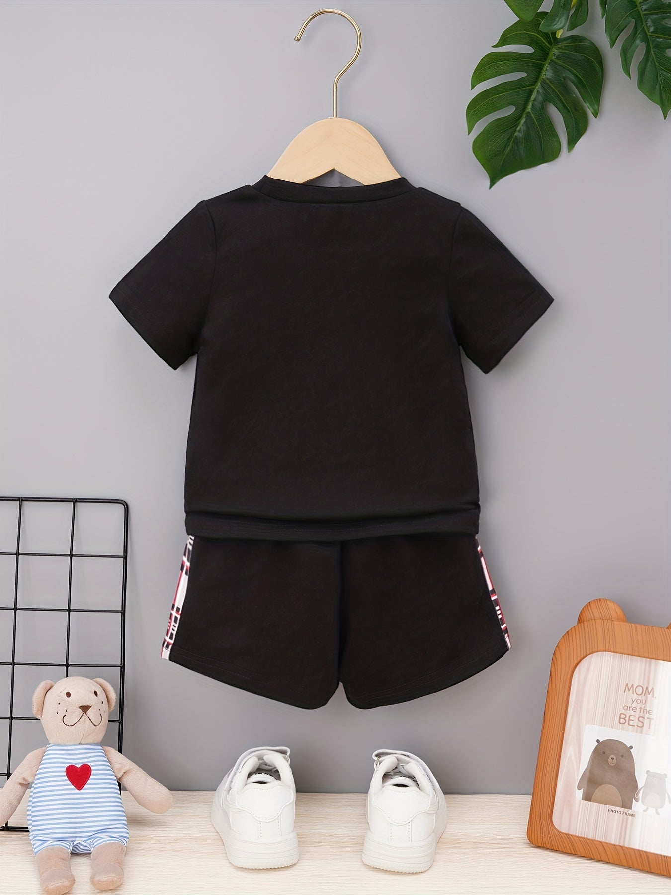 Baby Boys Plaid Bear Graphic T shirt & Shorts Set for Summer