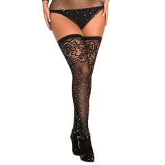  Sexy Rhinestone Floral Jacquard Fishnet Thigh High Stockings