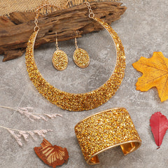 22K Plated Jewelry Set: Choker Necklace, Earrings, Bangle with Rhinestone