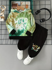2pcs Boys Tie dye And WILD BOY Letter Graphic Print Boys Casual Hooded Sweatshir