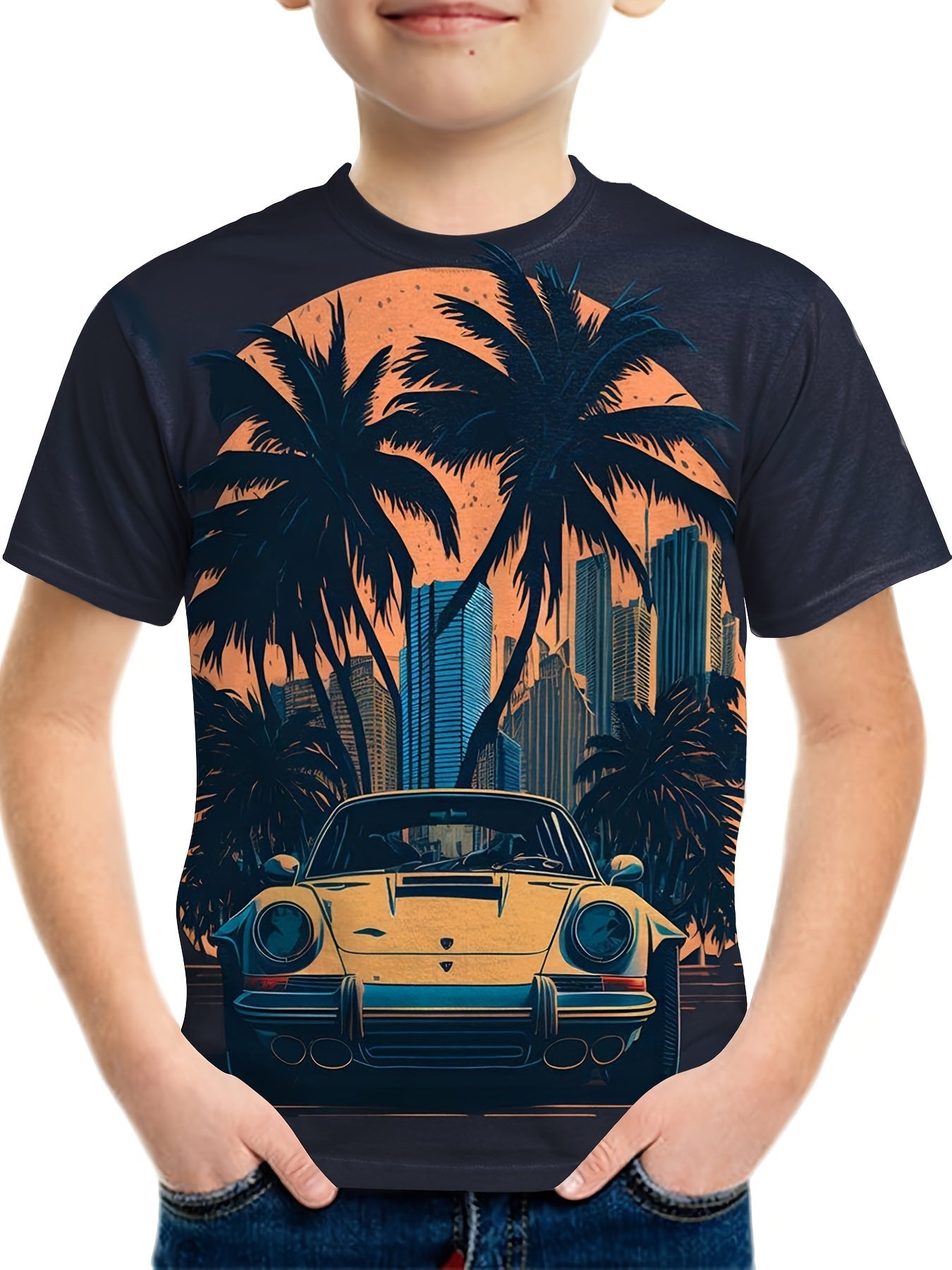 Vintage Car Print Boy's Round Neck Casual Short Sleeve T shirt