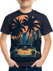 Vintage Car Print Boy's Round Neck Casual Short Sleeve T shirt