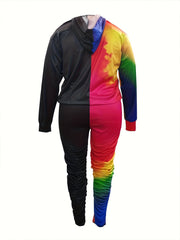  Colorblock Tie Dye Hooded Sweatshirt & Ruched Skinny Sweatpants