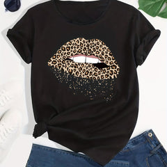 Leopard Print Lips Graphic Sports T Shirt for Women