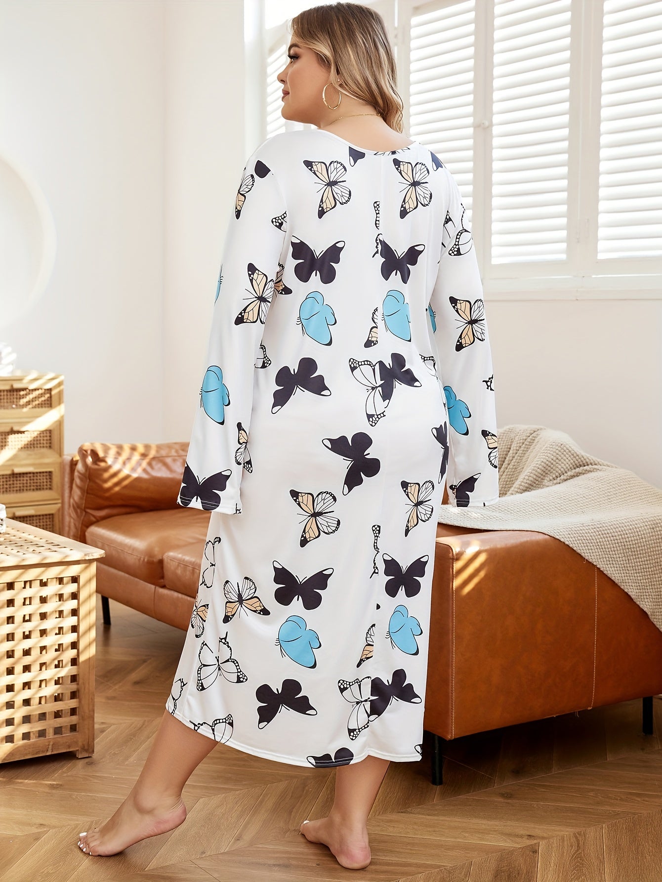  Butterfly Print Long Sleeve T-shirt Sleep Dress