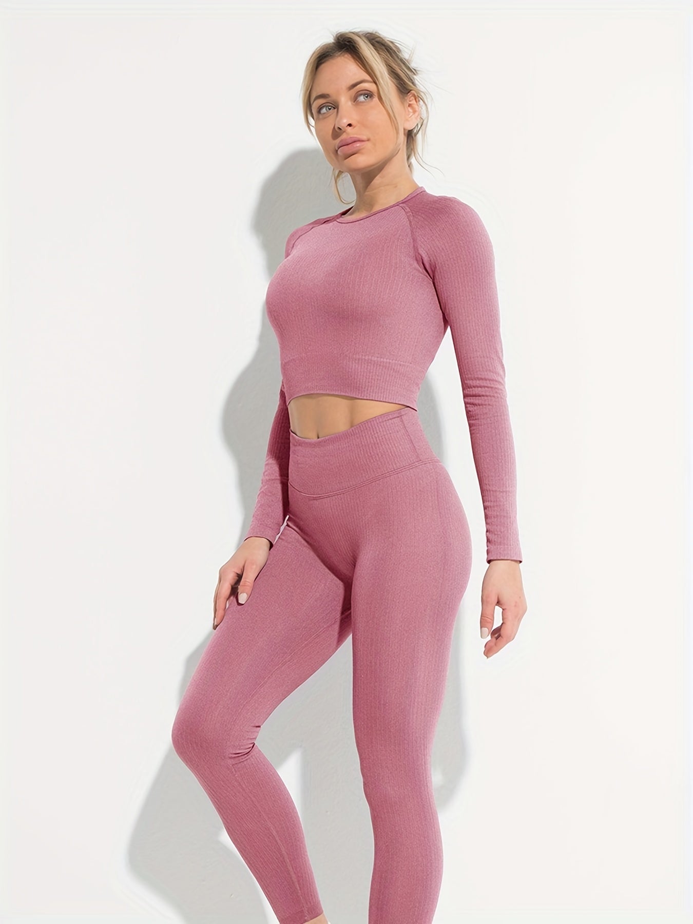 2PCS Women Yoga Set Seamless Workout Gym Long sleeve T shirt & Leggings