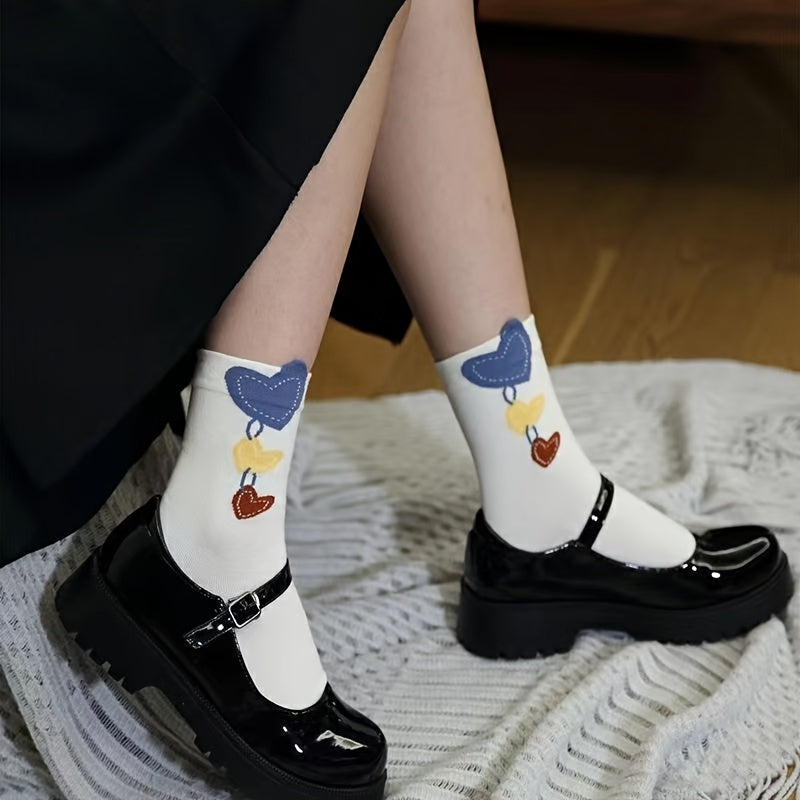 4 Pairs Heart Print Socks Soft Mid Tube Women's Stockings
