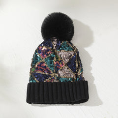 Sequin Pompom Beanie Warm Plush Knit Hat Soft & Comfortable Elastic Hats