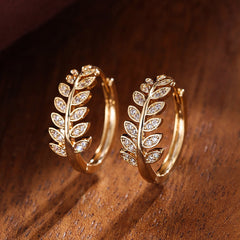 Leaf Shaped Hoop Huggie Earrings Inlaid Zircon 18K Plated