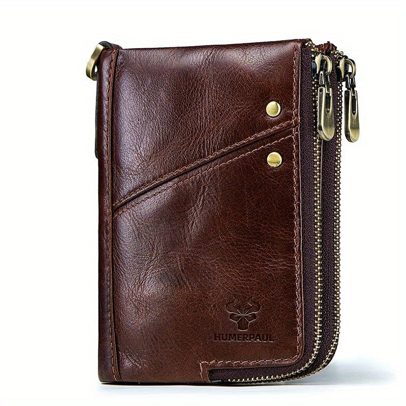 RFID Card Holder Leather Money Bag Double Zipper Male Clutch