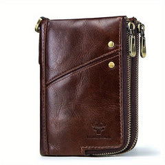RFID Card Holder Leather Money Bag Double Zipper Male Clutch