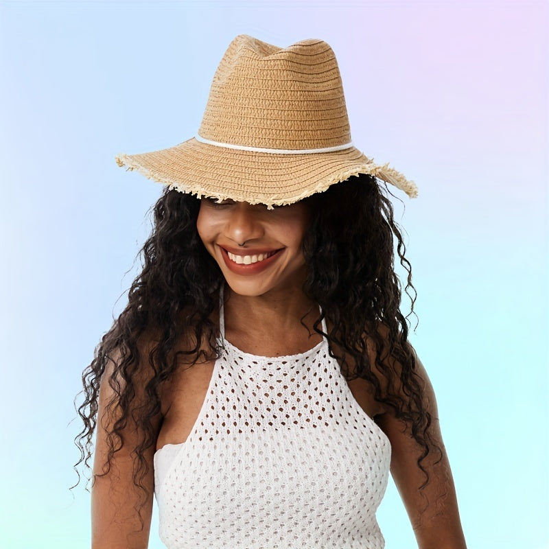 Khaki Raw Brim Sun Hat British Style Classic Straw Hat Rope Bowknot Jazz Fedora