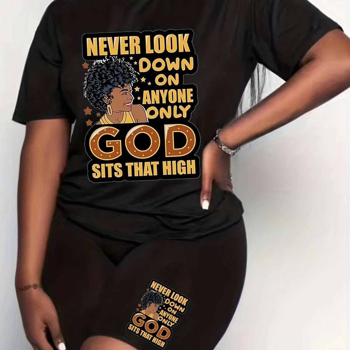  Casual 2pcs Set Women's Plus Graphic Print Tee & Biker Shorts