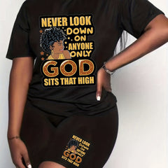  Casual 2pcs Set Women's Plus Graphic Print Tee & Biker Shorts