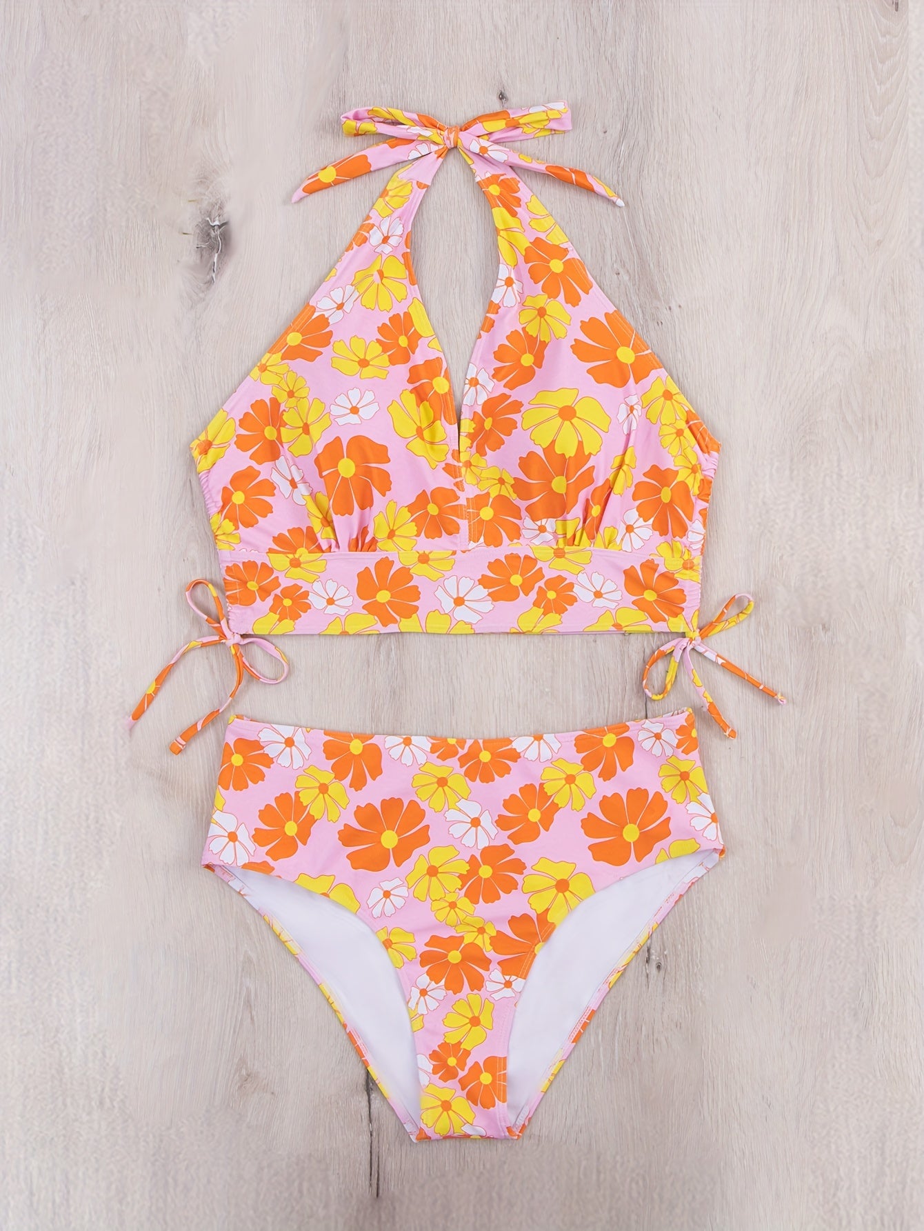  Daisy Print Lace Up Bikini Set