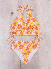  Daisy Print Lace Up Bikini Set