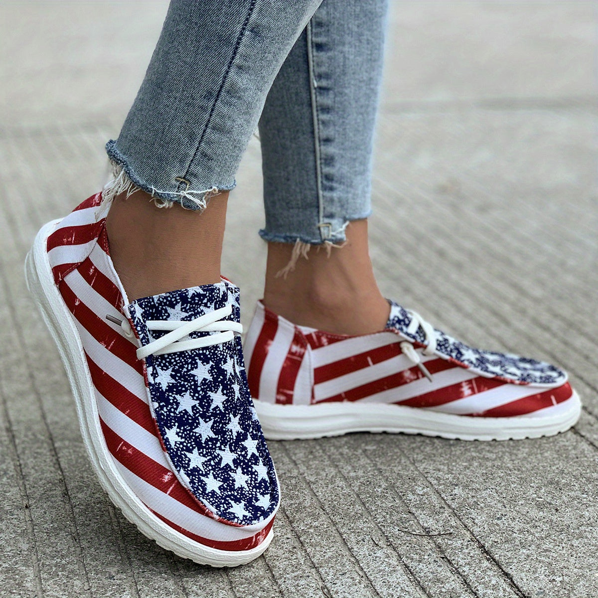 Women's Star & Stripe Pattern Boat Shoes Independence Patriotic Slip On Flats