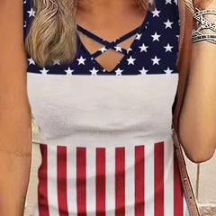 Plus Size Independence Tank Top Womens Plus Flag Print Criss Cross V Neck