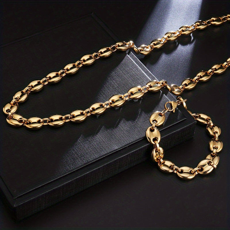 2pcs Stainless Steel Men's Coffee Bean Necklace Bracelet