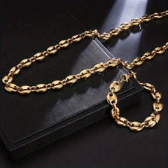 2pcs Stainless Steel Men's Coffee Bean Necklace Bracelet