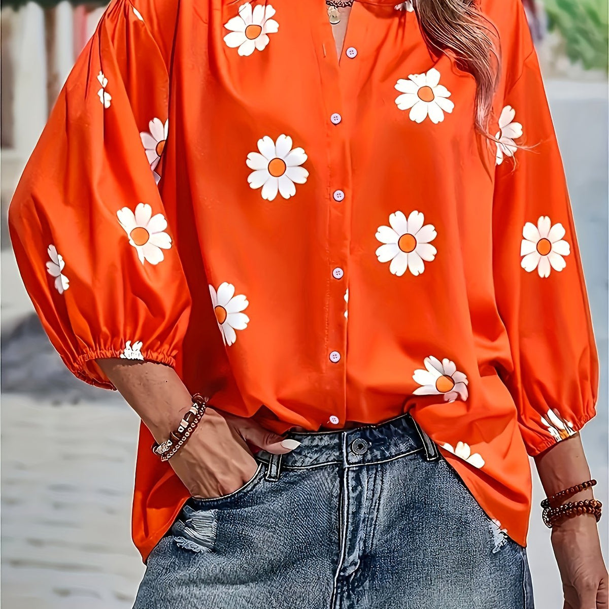  Floral Bubble Sleeve Blouse