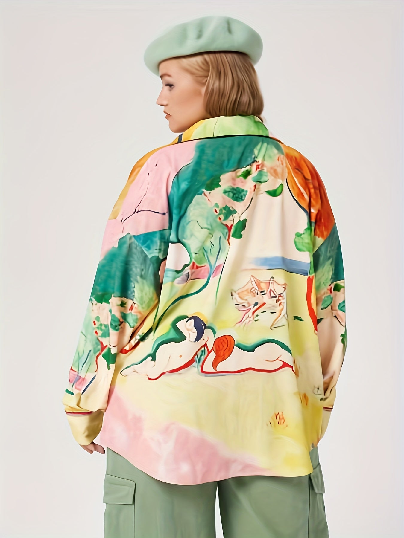  Casual Blouse Women's Plus Painting Print Button Up Long Sleeve